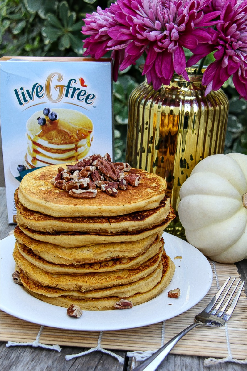 A stack of gluten-free pumpkin pancakes.