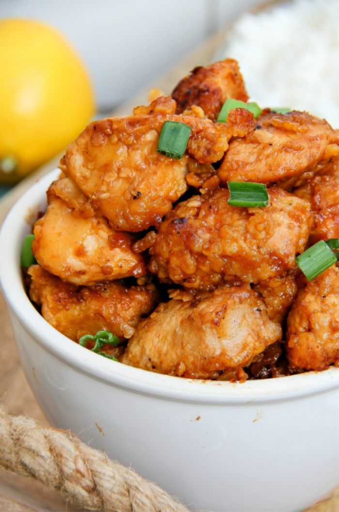 baked honey lemon chicken recipe served in a white bowl