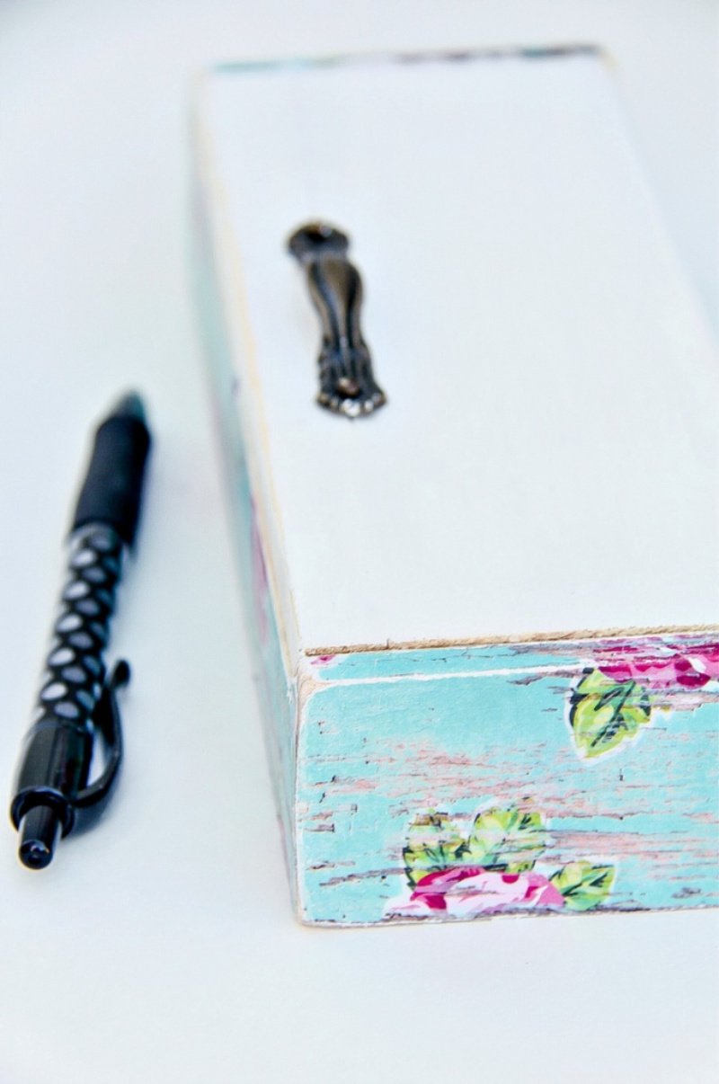 handmade pencil and pen box with a floral pattern