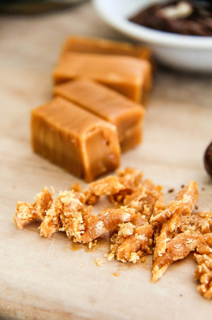 caramel chopped for an iced coffee topping