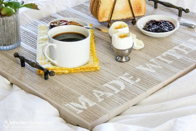 A painted breakfast tray that says made with love