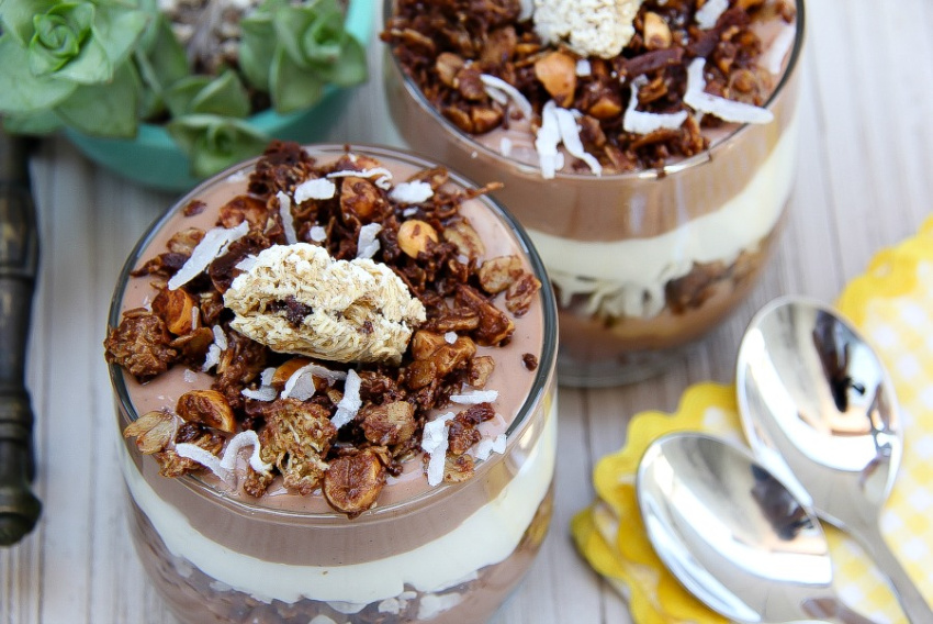 layered nutella and s'mores breakfast parfait in small glasses