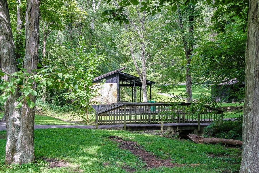 The picnic area by the Education Center at Bernheim in Summer.