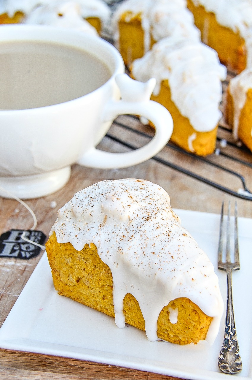 homemade pumpkin scones covered in icing.