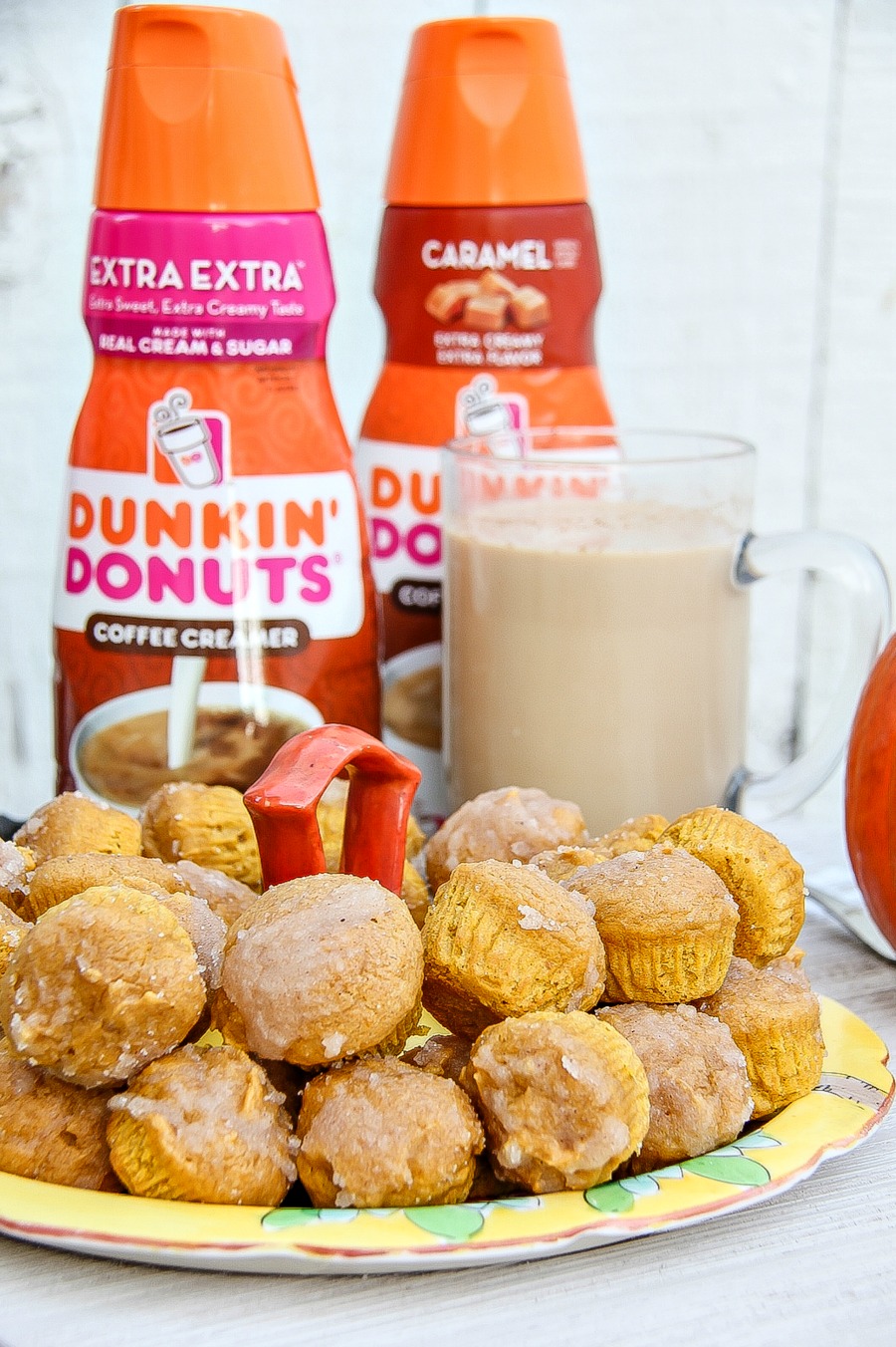 mini pumpkin donut muffins with Dunkin Donuts coffee creamer