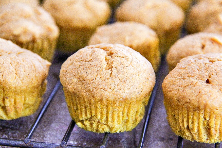 Mini pumpkin muffins cooling on a wire rack.