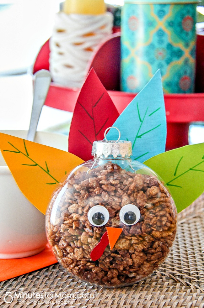 turkey ornaments filled with breakfast cereal