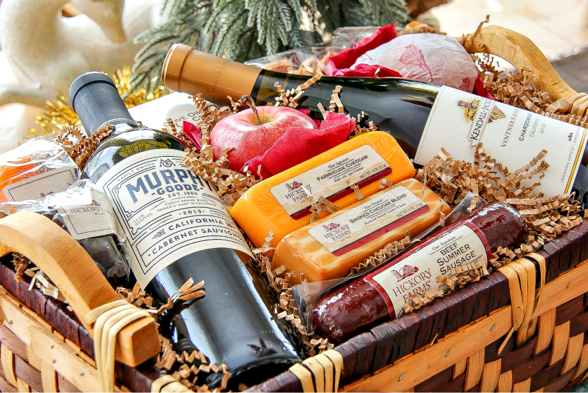 Hickory Farms cheese and wine holiday gift basket.