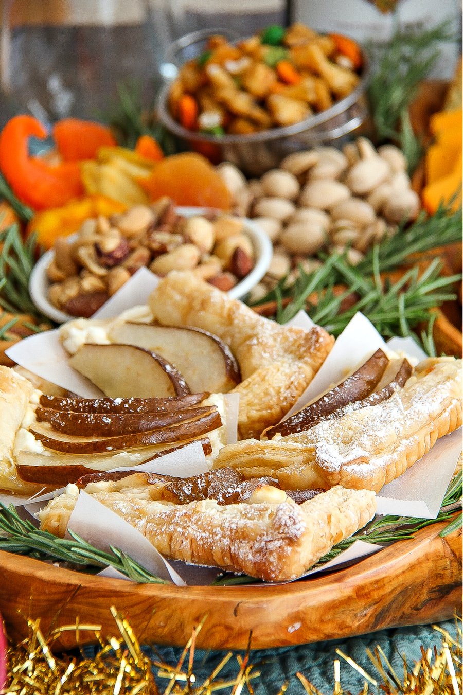 holiday grazing board with a homemade pear tart recipe