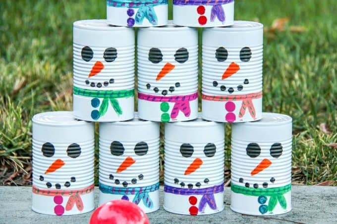 snowman tin can toss diy game for kids