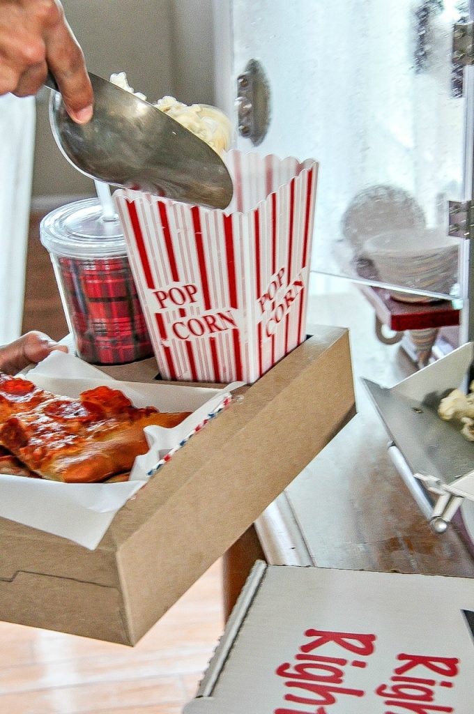 movie theater inspired food trays made out of cereal boxes