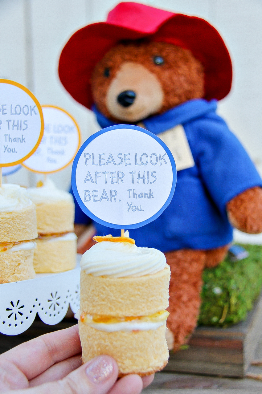 Paddington-inspired stacked mini marmalade cakes.