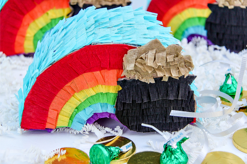 mini pull-string rainbow and pot of gold pinata for st. patricks day parties