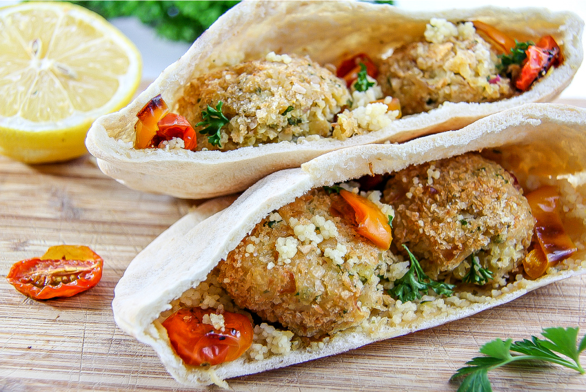 falafel pita pockets with couscous and roasted pepper and tomato