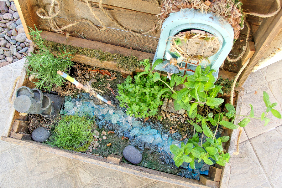 fairy garden inside a wood box