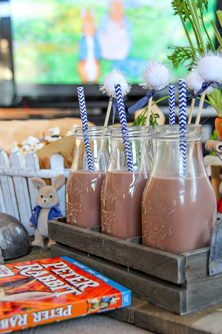 Peter Rabbit movie night with chocolate milk and treats for kids