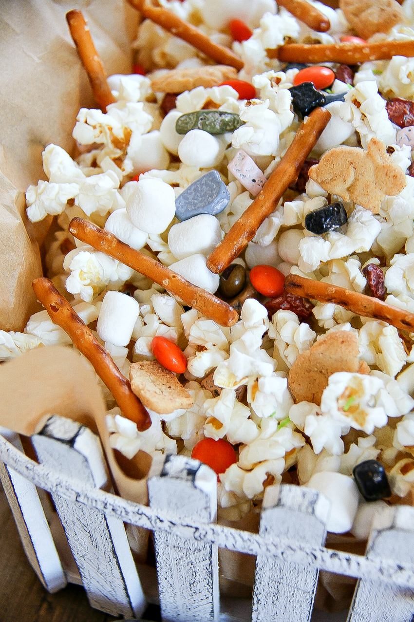 Bunny snack mix in a wood box for a kids movie night.