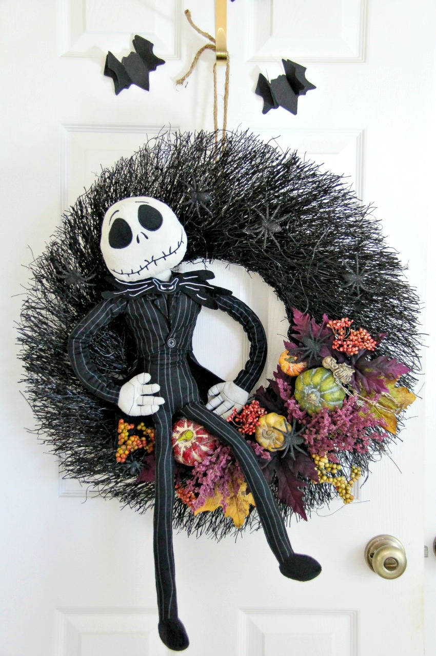 handmade Jack Skellington wreath hanging on a door