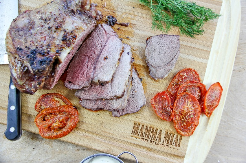 sliced roasted lamb and tomatoes with fresh dill to make lamb gyros