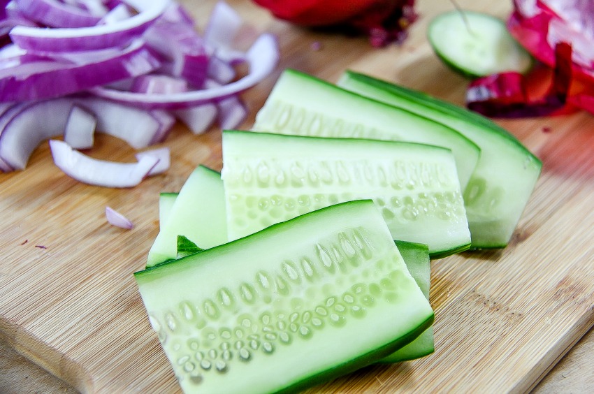 cucumber sliced for a lamb gyros recipe