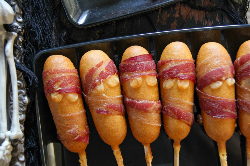 Halloween corn dog mummy treats for a party.