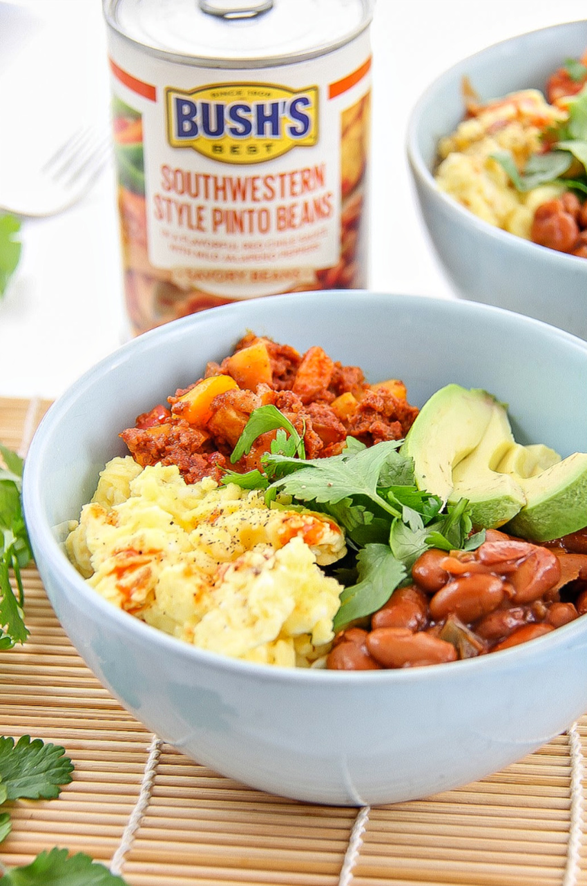 A southwestern breakfast bowl with chorizo, beans, egg, avocado