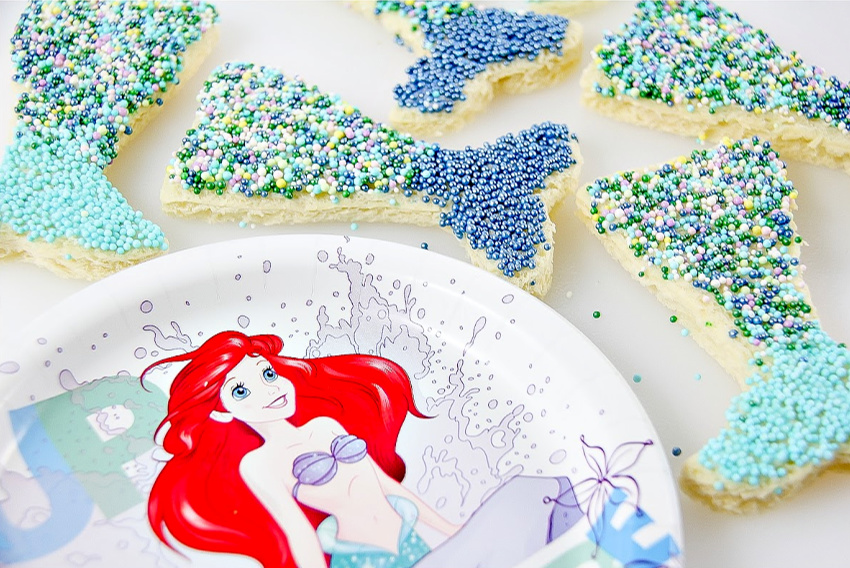 Fairy bread that looks like a mermaid tail inspired by The Little Mermaid.