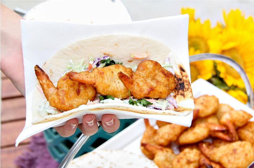 beer-battered shrimp tacos with coleslaw