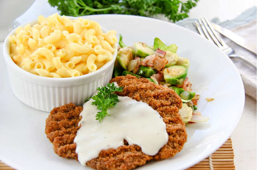 Country fried steak with mac & cheese and Brussels sprouts with bacon