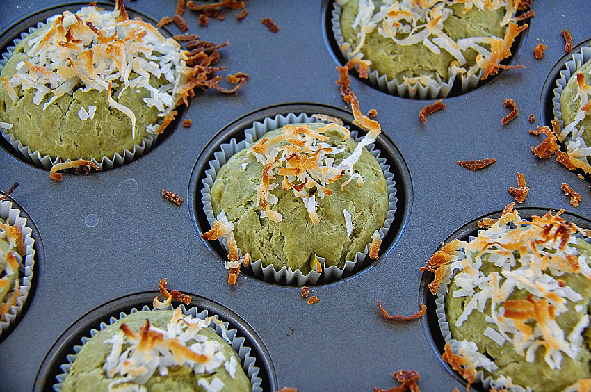 Homemade matcha banana coconut muffins.