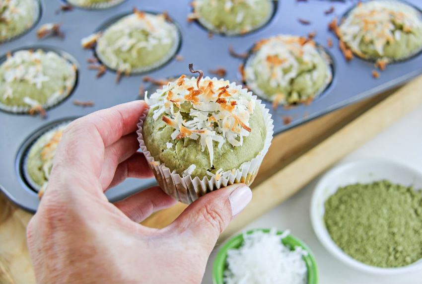 Matcha muffins with banana and toasted coconut