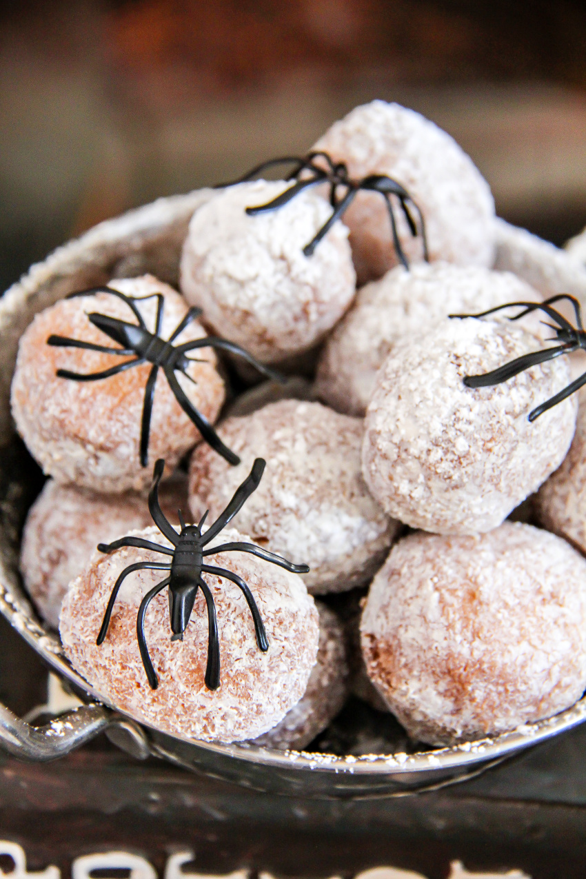 White powdered donut holes with plastic spiders on them.