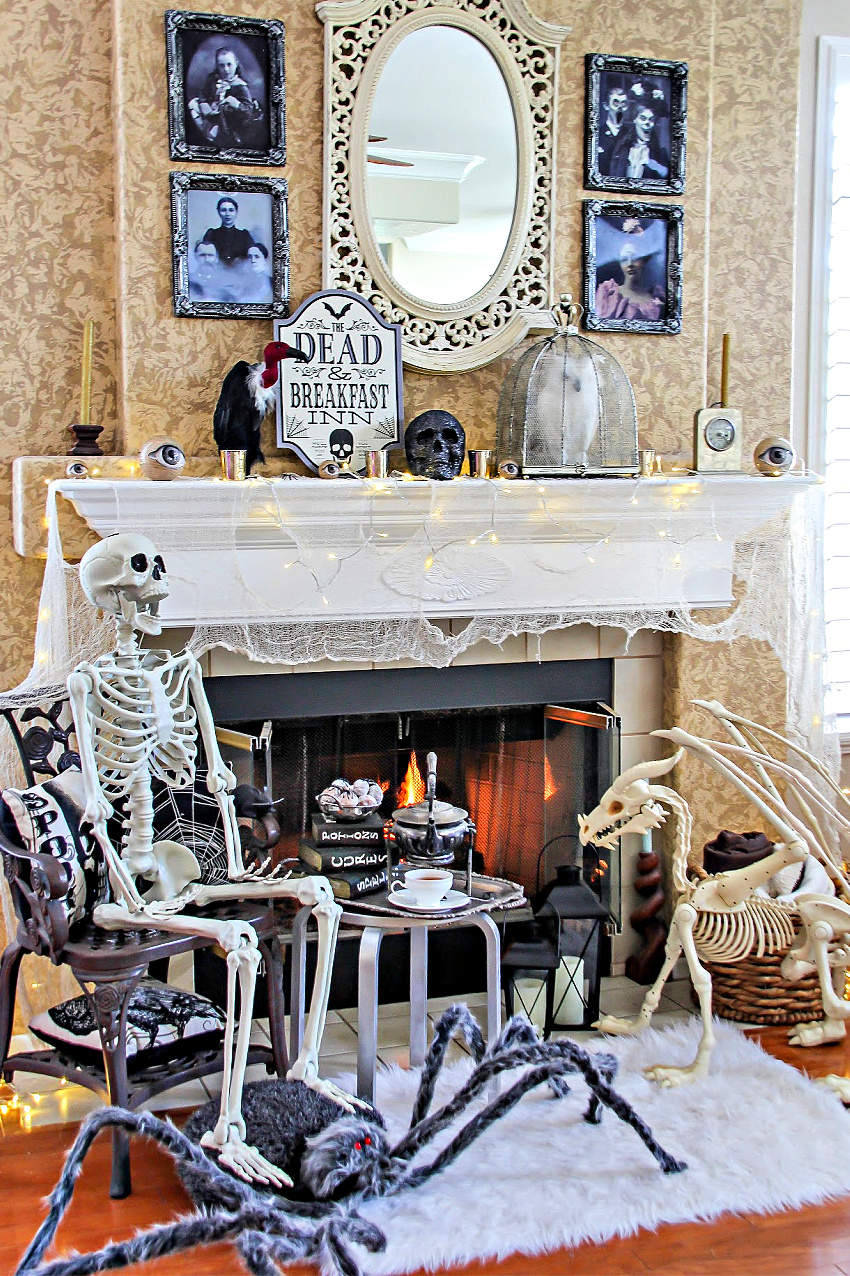 A dead and breakfast inn themed halloween fireplace