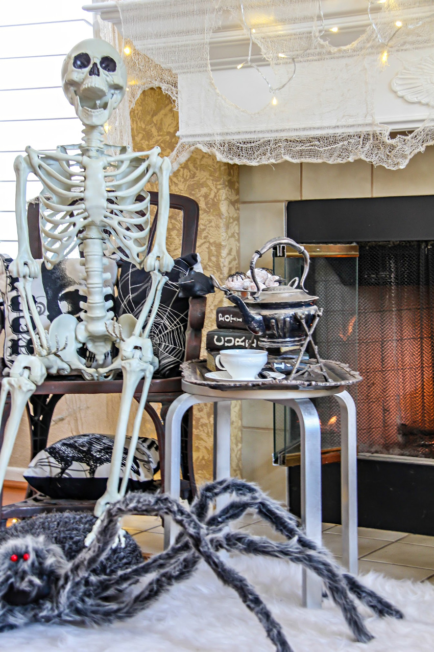 A life size skeleton serving brunch for Halloween.