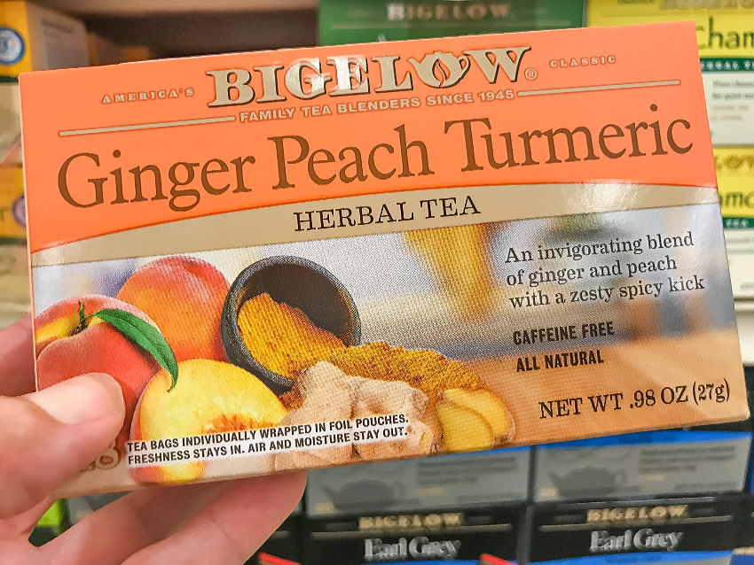 Ginger peach turmeric herbal tea from Bigelow.
