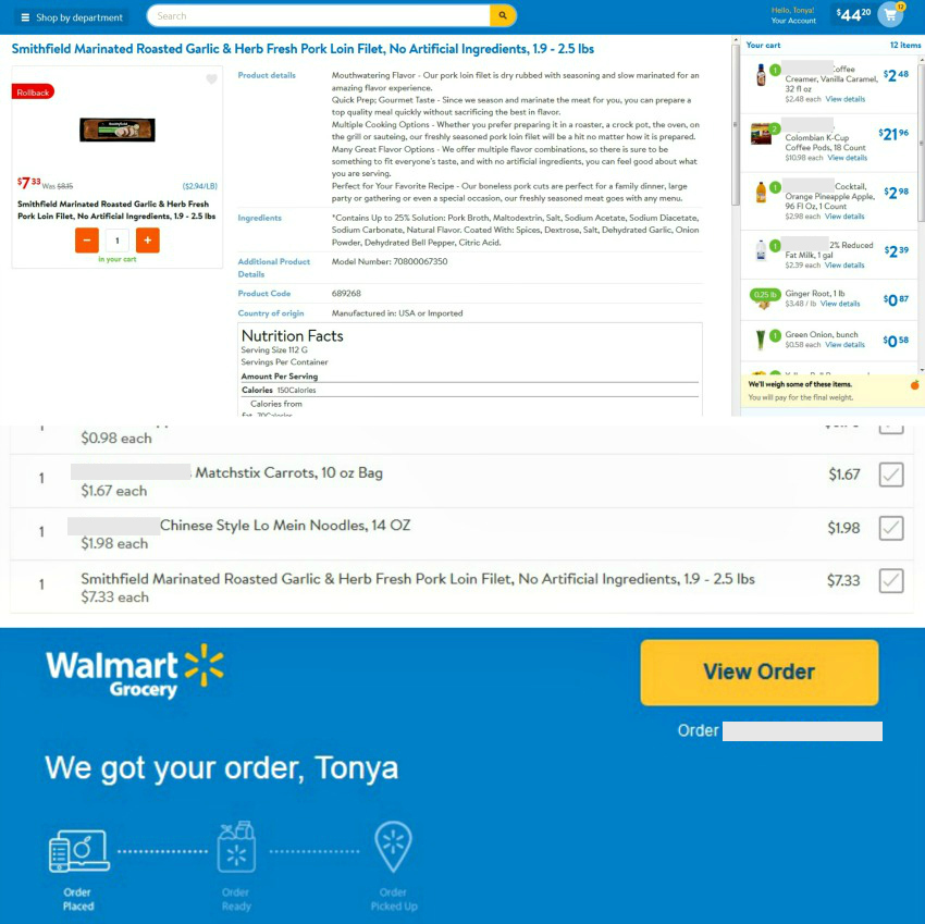 A screenshot of ordering groceries online from Walmart for pick-up.