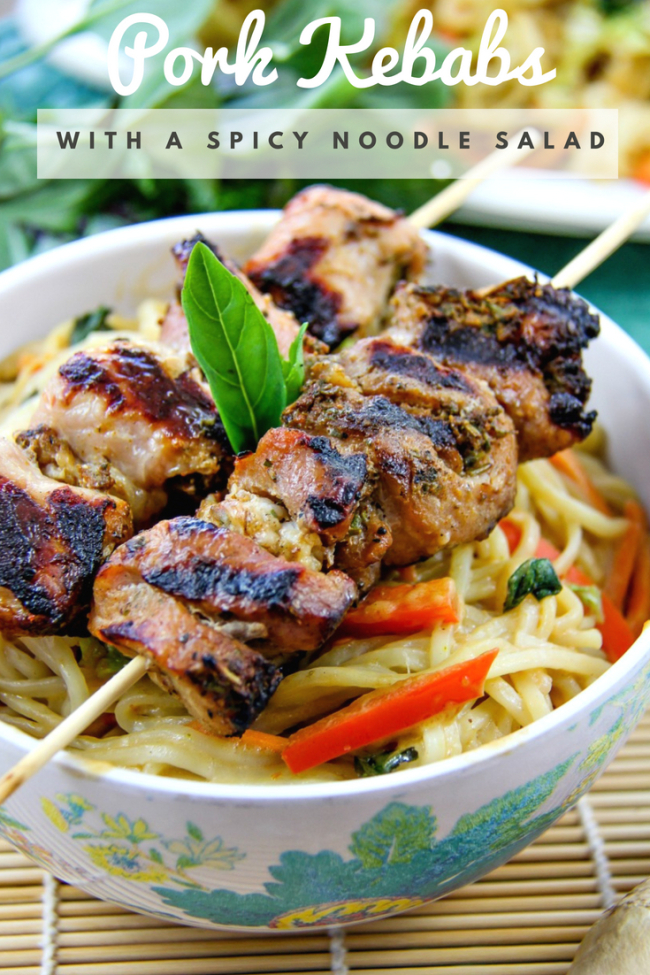 Marinated pork kebabs with Asian noodle salad Pinterest image.