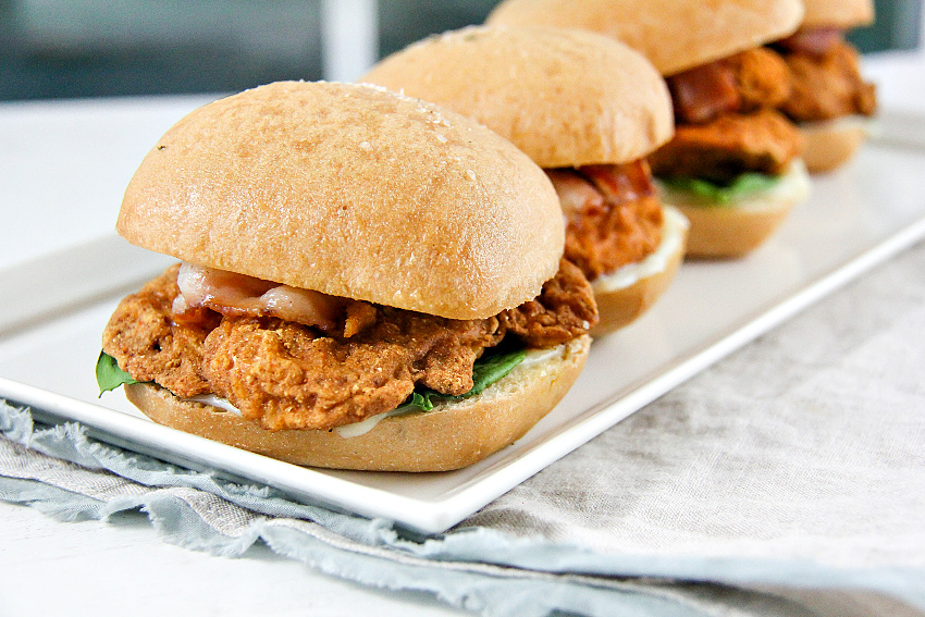 Gluten-free breaded chicken and bacon sandwiches.