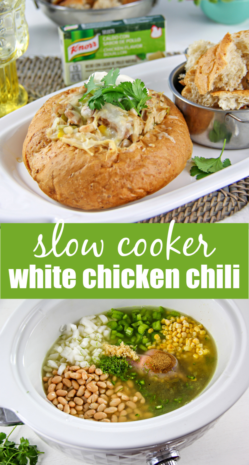 slow cooker white chicken chili bread bowls Pinterest image