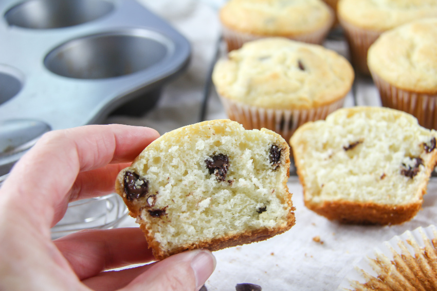 a chocolate chip muffin cut in half