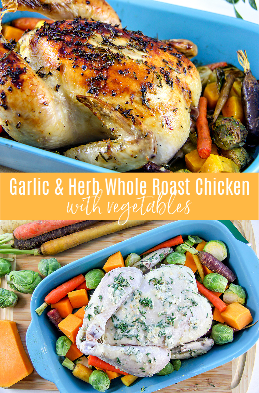 garlic herb roast whole chicken with vegetables Pinterest image