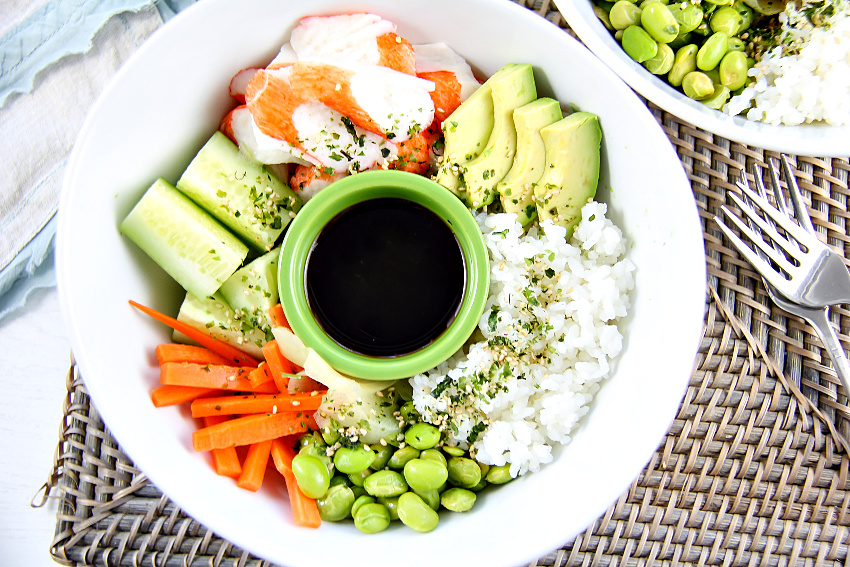 Ingredients from a California Sushi Roll in a white bowl