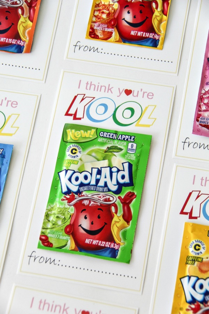 packets of colorful Kool Aid on printable Valentine's Day cards that say I think you're Kool.