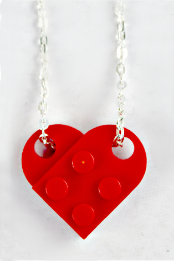 red lego heart necklace with silver chain