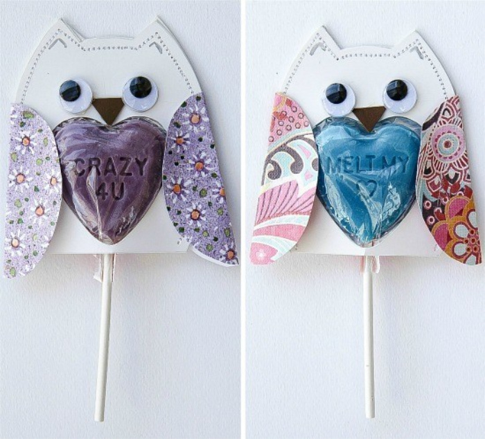 lollipops with paper owl covers that say crazy 4U and melt my heart