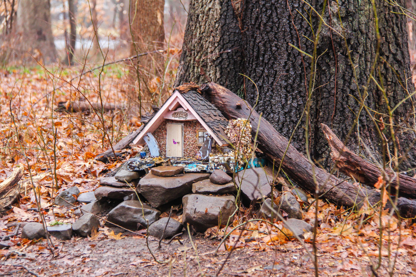 A fairy garden in a park during winter in New Jersey. 