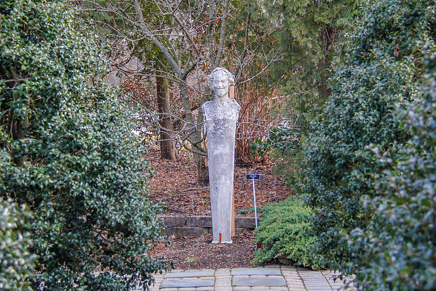 a statue in the garden at The Friends of The Frelinghuysen Arboretum