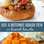 beef and butternut squash strew in bread bowls pinterest image