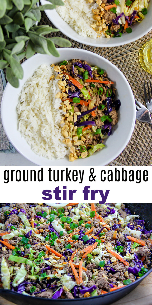 Ground turkey and cabbage stir-fry in a cast-iron skillet Pinterest image.