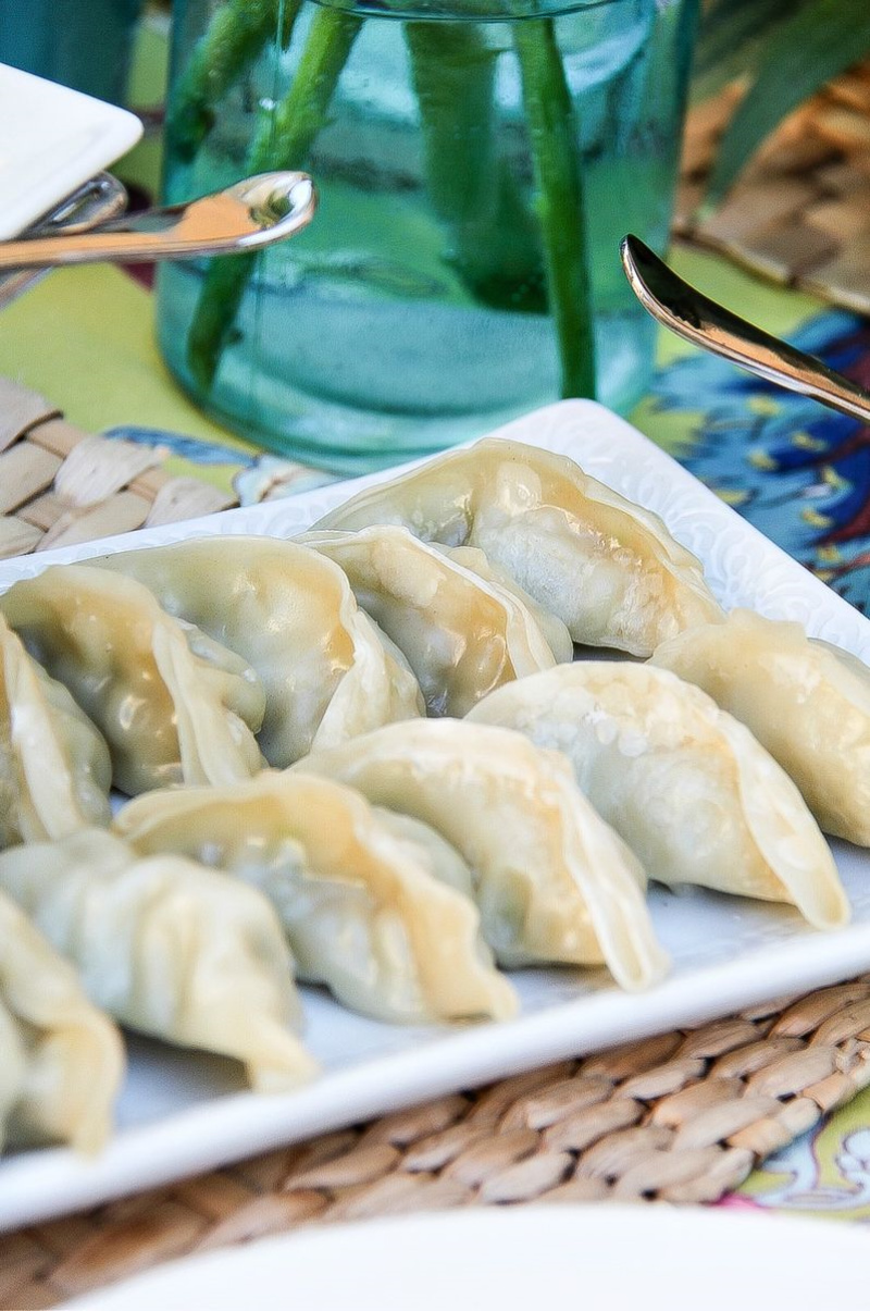 potstickers on a white tray